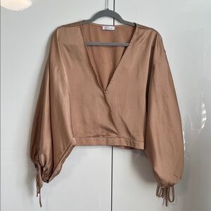 YAYA & CO Champaign Color Satin Effect Wrap Blouse Puff Sleeve, Size S